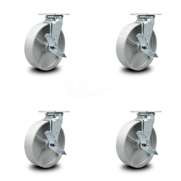 8 Inch Semi Steel Swivel Caster Set with Ball Bearings and Brakes